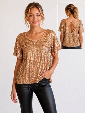 Abercrombie & Fitch Rose Gold Champagne Sequin Tie Back Top Size S